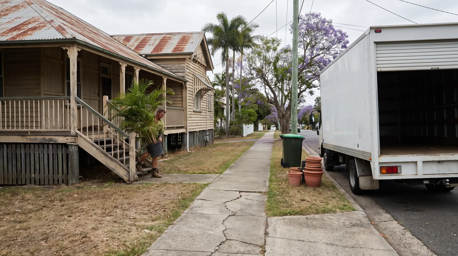 A person carrying a potted palm down the front stairs of a Queenslander house to a removal truck